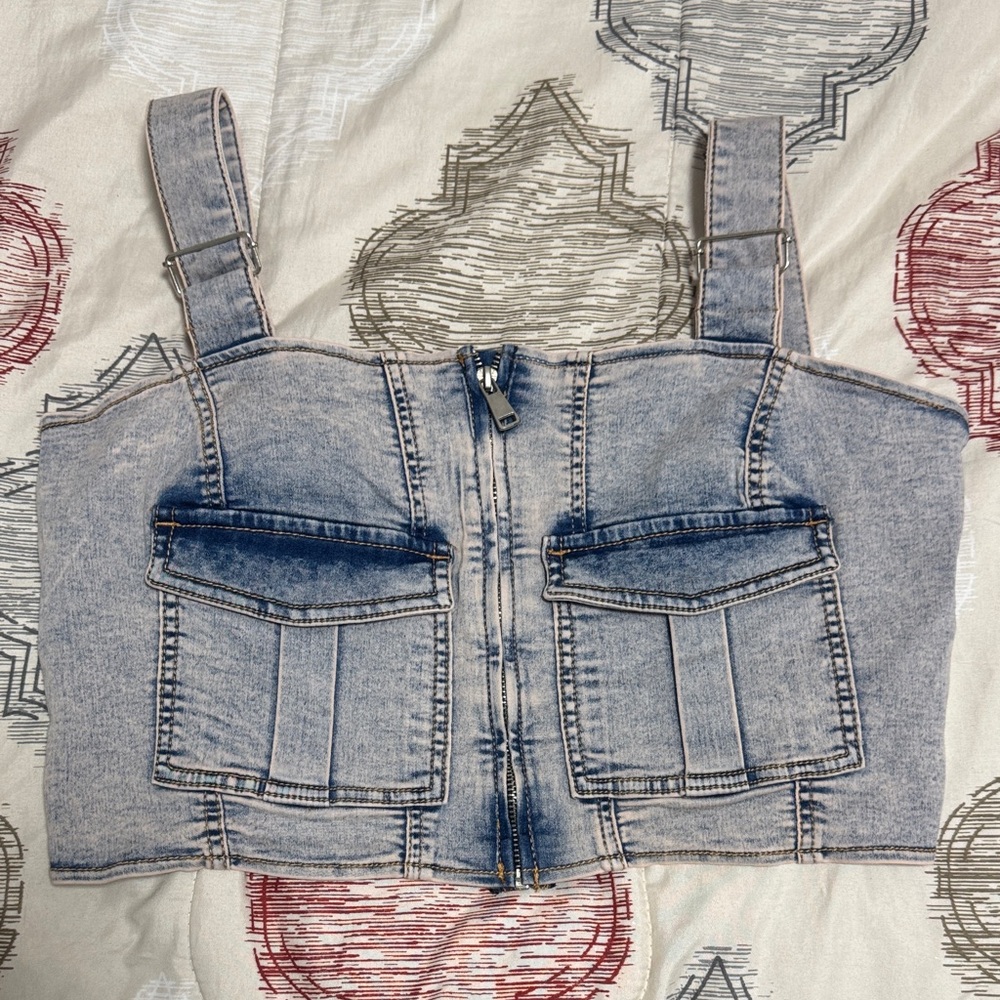 Light Blue Denim Crop Top with Straps